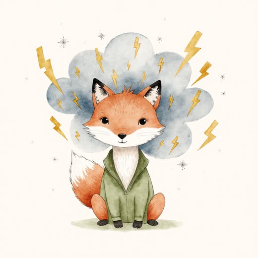 Aquarell: ein Fuchs mit einer Mähne aus Gewitterwolken und goldenen Blitzen