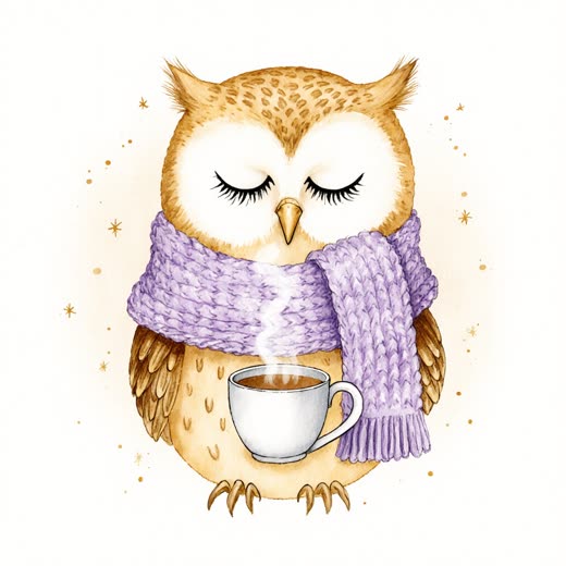 Aquarell: eine schläfrige Eule mit gestricktem Schal und dampfender Teetasse