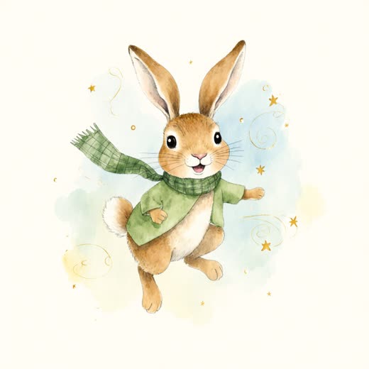 Aquarell: ein springender Hase im grünen Pulli mit kleinen Windwirbeln